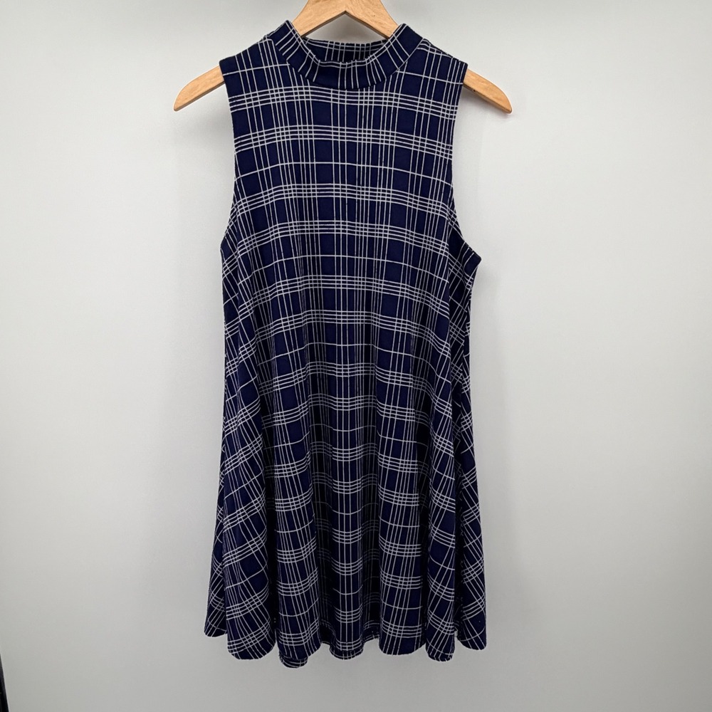 Love Chesley Dress Womens Large Navy Blue Grid Plaid Mock Neck Swing Sleeveless